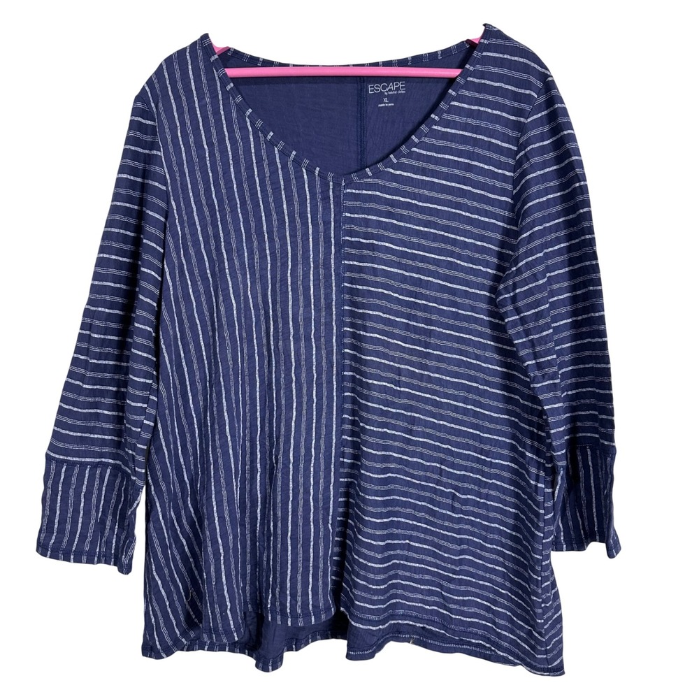 Escape by Habitat Clothes Womens XL Blue White Striped V-Neck 3/4 Sleeve Top